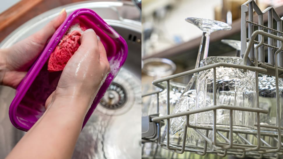 A person hand-washes a plastic food container in a sink while crystal glasses sit in a dishwasher rack.