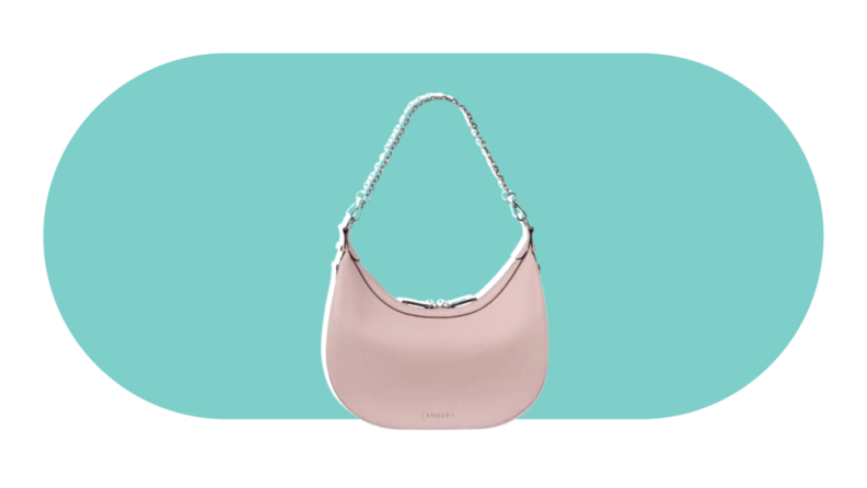A pink crescent-shaped handbag.
