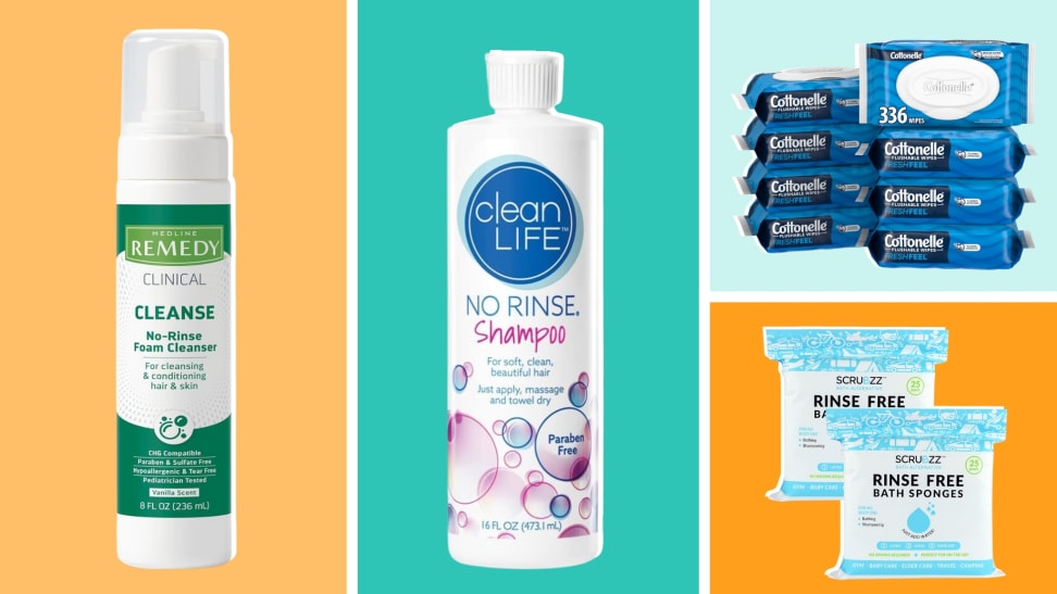 A collage of four different personal hygiene items, including body wash and wipes