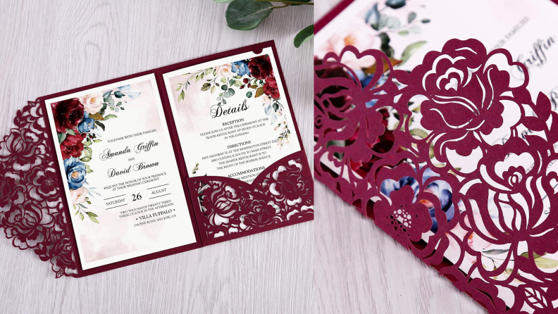 A burgundy floral wedding invitation.