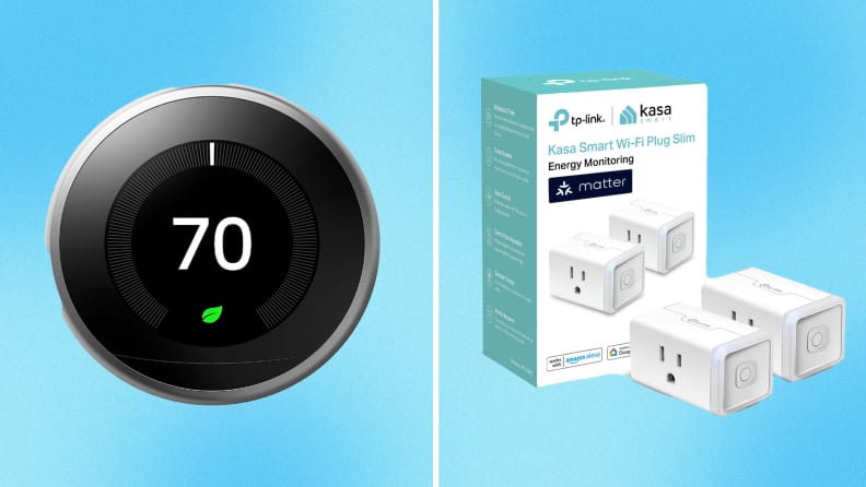 On left, Black circular thermostat with temperature displayed on screen. On right, box next to two white wall plugs.