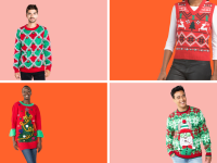 Collage image of four ugly Christmas sweaters against a pink and orange background.