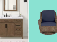 A collage with a bathroom vanity and wicker chair.