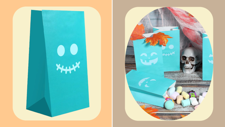 On left, paper goodie bag with funny face printed on front in teal color. On right, Four paper goodie bags surrounded by Halloween decor.
