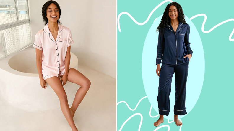 On left, model perches on edge of small white bathtub while wearing pink, short sleeve, satin pajama short set. On right, model poses while wearing navy, long sleeve pajama set.