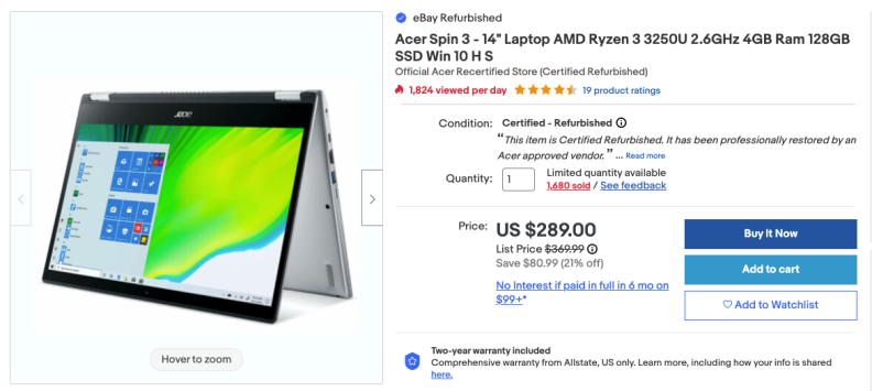 An image of a landing page for an Acer laptop listed under the certified refurbished program. The product listing has a Certified - Refurbished stamp above the product quantity box.