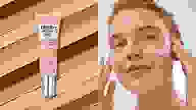 On the left: A squeeze tube of makeup concealer with a background of its color swatches. On the right: A person applying white cream to their cheeks and smiling into the camera.