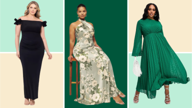 Collage image of women wearing a black gown, a floral green gown, and a green pleated dress.