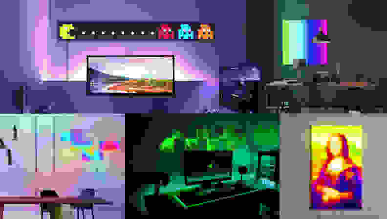 Some setups featuring light panels acting as individual pixels in a larger image. We see a Pac Man scene, some RGB color gamuts, and some low res art (one of which is a downscale of the Mona Lisa).
