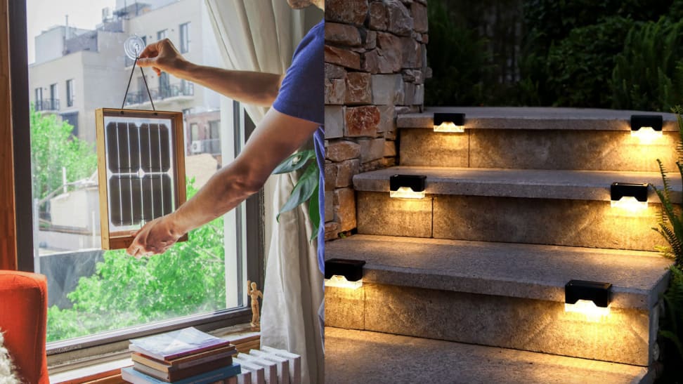 On left, person hanging solar charger on sunny window. On left, solar lights mounted on steps.