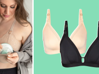 Person placing breast pump into nursing bra they're wearing. On right, product shot of nude and black Busty Nursing Bralette.
