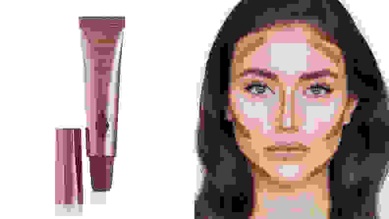 On the left: The Charlotte Tilbury Hollywood Contour Wand stands on a white background with the cap off of it to reveal the sponge applicator. On the right: A person wearing makeup stares at the camera with swatches fo the Charlotte Tilbury Hollywood Contour Wand formula on their face where you should apply contour.