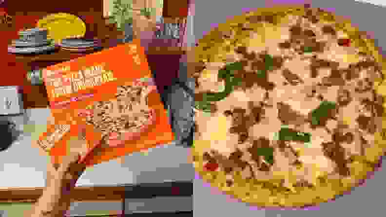 Left: A person holds a box of frozen chickpea crust pizza along with a smaller box filled with beads to make a mini beaded pizza. Right: The cooked chickpea crust pizza.