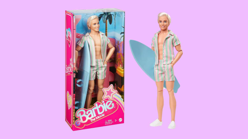 A Ken doll in an opened button shirt and shorts, holding a blue surfboard next to another version of himself in a package.