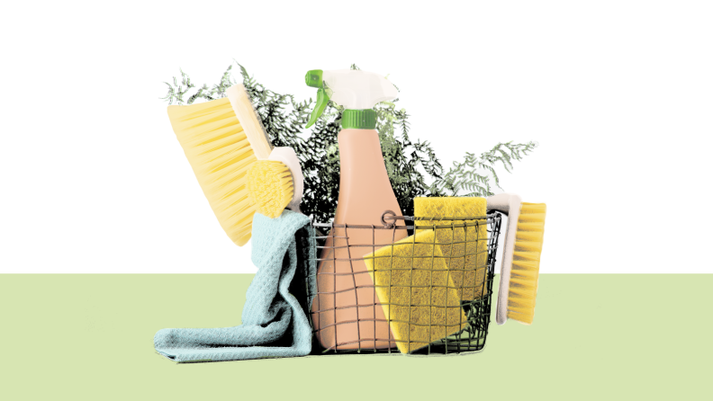 Wire basket filled with cleaning supplies.
