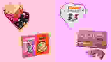 Godiva Valentine's Heart, Hershey's XO Gift Box, Dunkin' Chocolates, and Heart Bark on pink and fuchsia background.