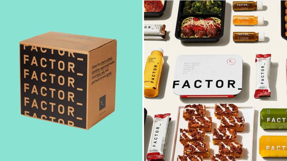 A Factor delivery box next to a collage of Factor meals.