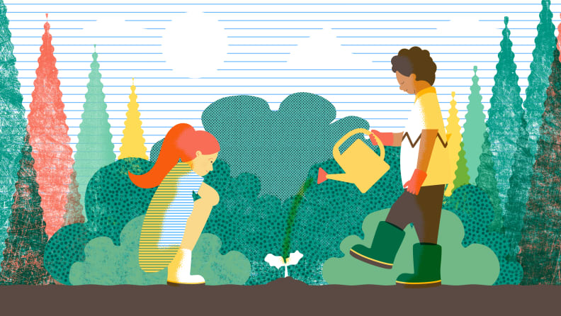 An illustration of two young children watering plants in a garden.