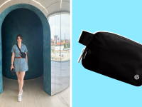 The author wearing a blue denim dress in an arched doorway, with the Lululemon Everywhere Belt Bag worn over her shoulder as a crossbody bag. On the right is a product shot of the same bag.