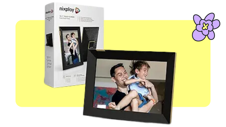 Nixplay Digital Touch Screen Picture Frame displaying a family photo