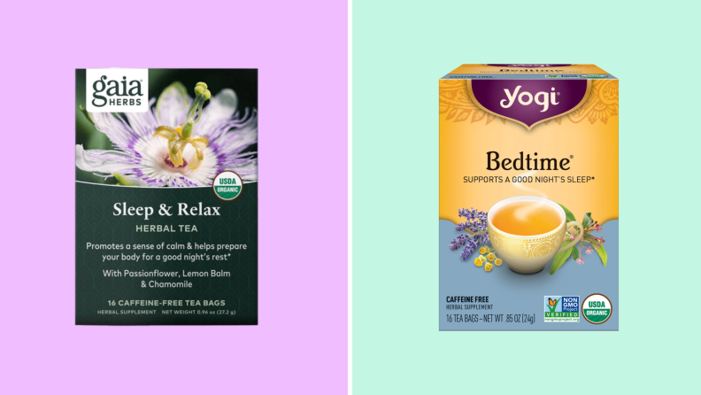 A box of Gaia Herbs Sleep & Relax tea on the left against a lavender background. A box of Yogi Bedtime tea against a mint green background on the right.