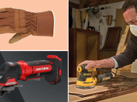 A collage with a Carhartt glove, a DeWalt orbital sander, and more.