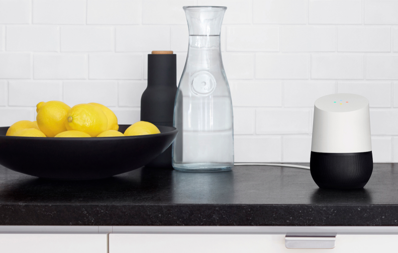 A Google Home on a kitchen counter