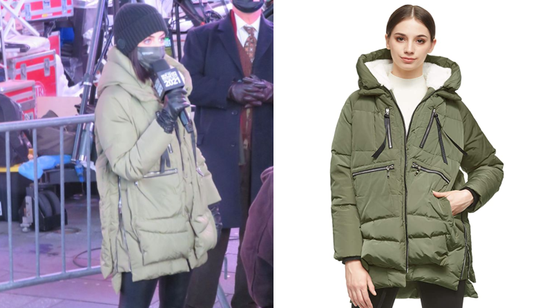 Left: Actress Lucy Hale bundled up for wintertime. Right: A model sports the same green Orolay coat from Amazon.