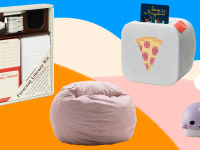 Gifts for kids who love to read, including a library kit, a bean bag, a Yoto Player, and a Smoko book light