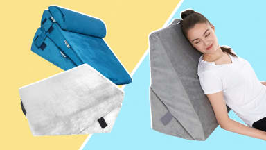 Photo collage of Lunix, Cushy Form, and All Sett wedge pillows with person reclining on the All Sett