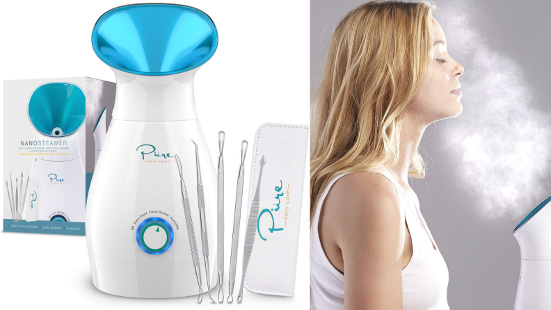 On left, product shot of the 3-in-1 nano ionic facial steamer with five piece stainless steel blackhead and blemish extractor kit. On right, picture of woman steaming her face with the 3-in-1 nano ionic facial steamer.