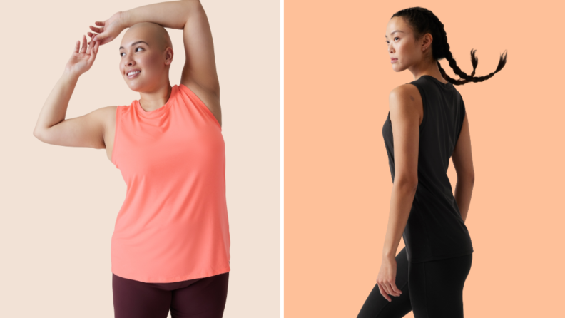 A model wears a pink tank top, another wears a black one.