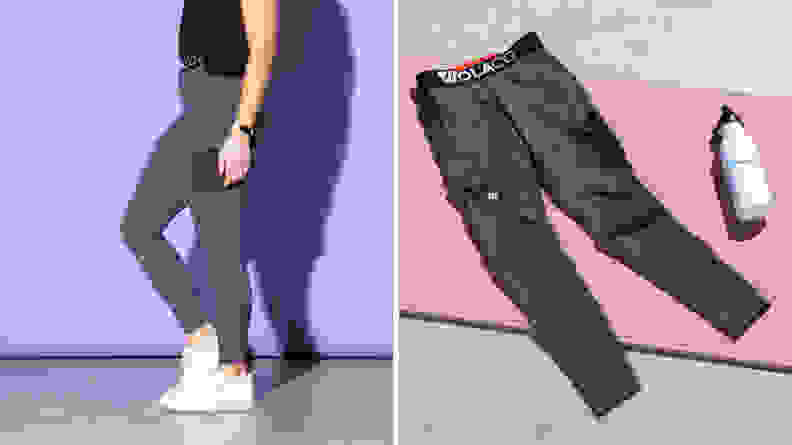 A person wearing the Wolaco grey, Fulton compression leggings on the left and on the right are the leggings laid out next to a white bottle.