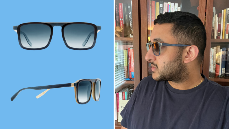 Two views of a pair of buffalo horn sunglasses, and also a photo of a man wearing the same sunglasses.