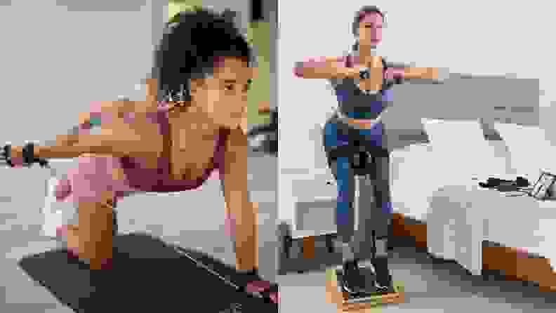 A woman exercising using the p.band and a woman standing on the slant board using the p.ball.