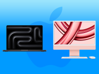 The new M3 Macbook Pro and M3 iMac on a blue background with the Apple logo.