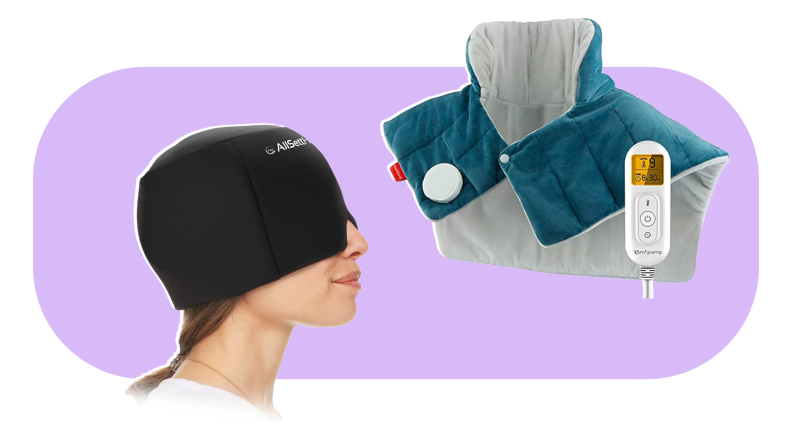 Person wearing the AllSett head wrap on top on eyes while smiling next to heated neck wrap with compatible remote.
