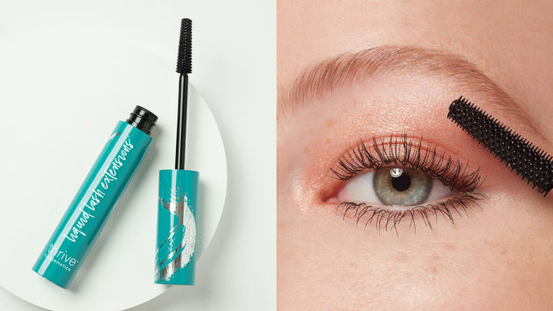 On the left: A tube of the Thrive Causemetics mascara with the wand sitting next to it. On the right: A person's eye with mascara on it.