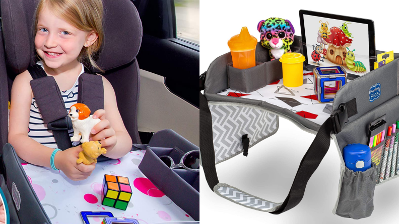 A child plays with a travel table in the back seat of a vehicle.