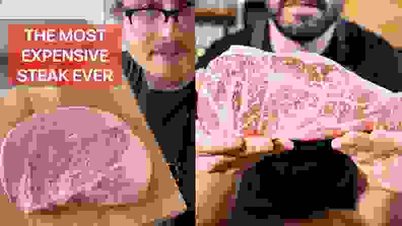 Left: Popular TikTok creator Joshua Weisman holds a piece of wagyu beef on a wooden cutting board with the phrase "The Most Expensive Steak Ever" across the top of the screen. Right:  Popular Instagram chef Matt Broussard holds a wagyu steak, obscuring his face partially in order to show a close up of the marbling on the beef.