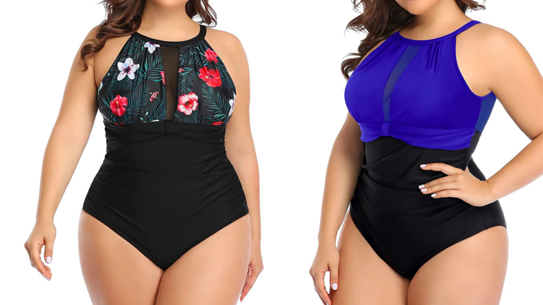Two images of the same swimsuit, a one piece halter-neck suit with a sheer panel at the center of the bust. The first suit is pictured in a floral print with a black middle and bottom, and the second is pictured with a blue bust and black middle and bottom.
