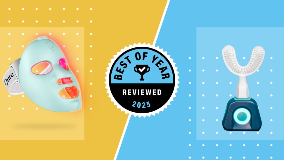 Reviewed 2025 best of beauty award winners Qure and Y-brush on yellow and blue background