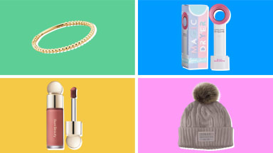 Rare Beauty Liquid Blush, Braided Gold Mejuri Rings, Lyon Lash Bladeless Mini Fan, and Carhartt Pom Beanie