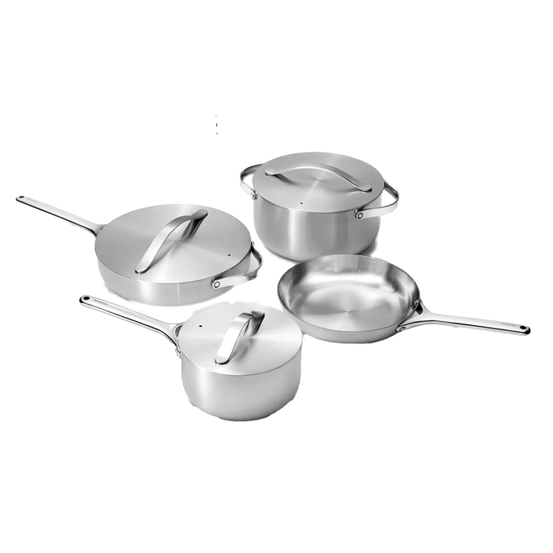 Caraway 4 Piece Stainless Steel Cookware with lids on top.