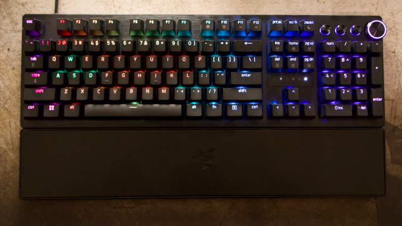 A photo displaying the lit RGB features of the keyboard.