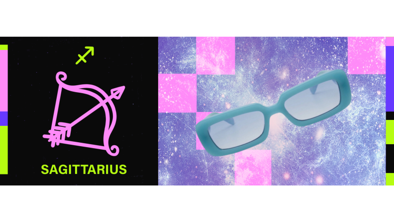 On the left is the symbol for Sagittarius, and on the right is a pair of rectangular blue sunglasses.