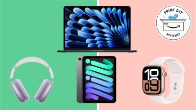 Collage of Apple Watch, MacBook Air, iPad, and AirPods Pro against split background with “Prime Day Reviewed” badge, showcasing Prime Day Apple deals.