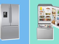 Bosch and Whirlpool silver refrigerators side-by-side on a blue and green background.