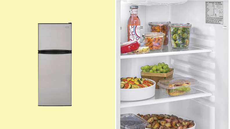 A stainless steel fridge sits on a yellow background next to an open fridge door