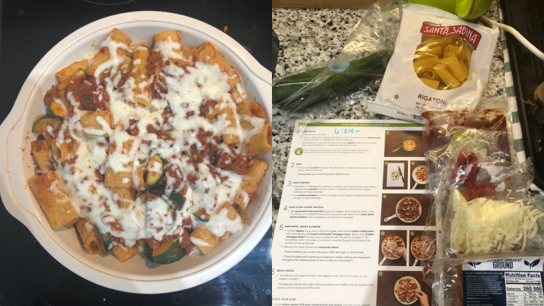 Left: Pasta in a bowl. Right: Packaged food and cooking instructions.